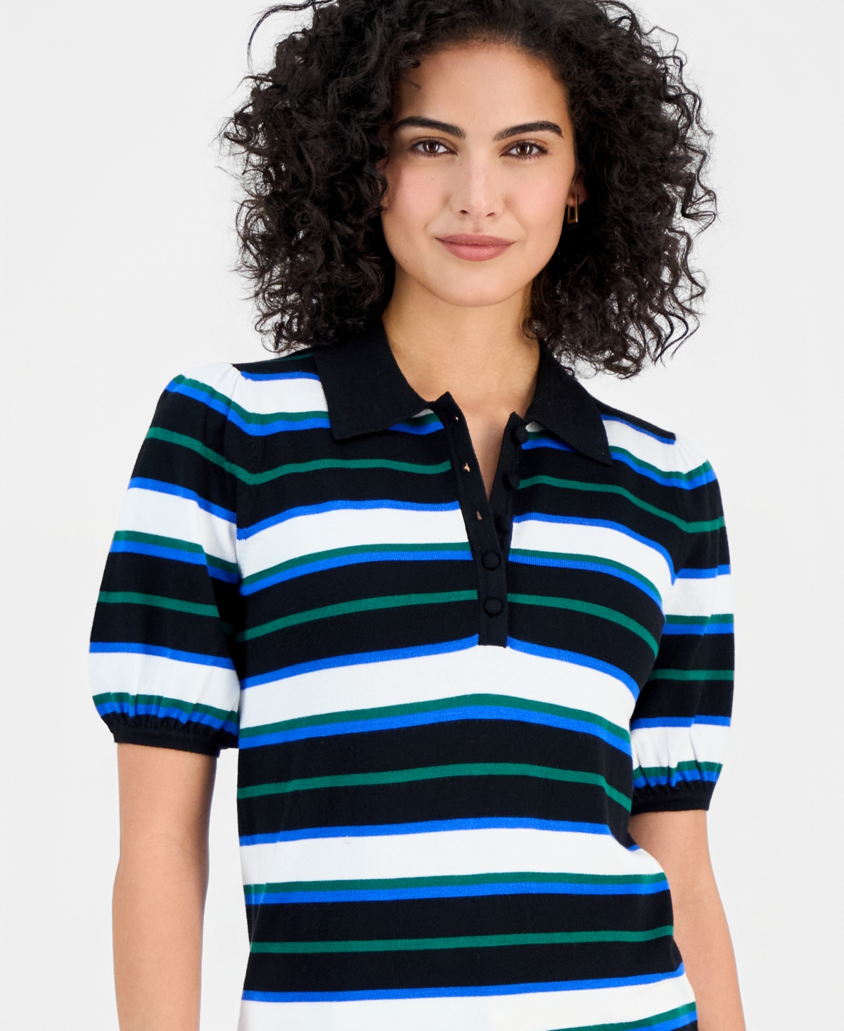 T Tahari Women's Striped Elbow-Sleeve Polo Shirt