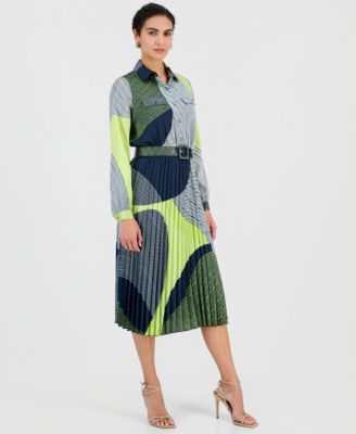 Women's Printed Belted Pleated Midi Dress