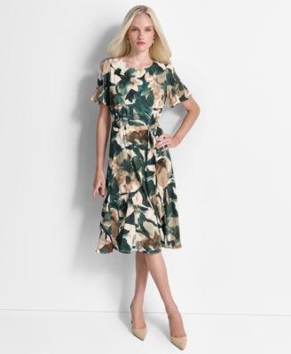 DKNY - Women's Short Godet Sleeve Fit and Flare Midi Dress