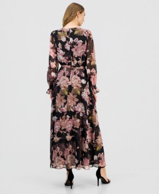 Women's V-Neck Belted Long-Sleeve Maxi Dress