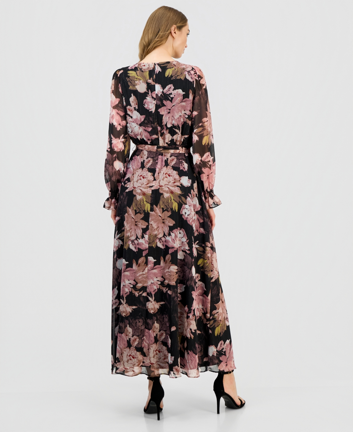 Anne Klein Women's V-Neck Belted Long-Sleeve Maxi Dress