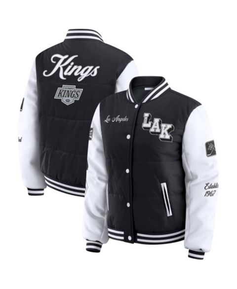 Женские куртки WEAR by Erin Andrews Women's Black/White Los Angeles Kings Varsity Full-Snap Puffer Jacket