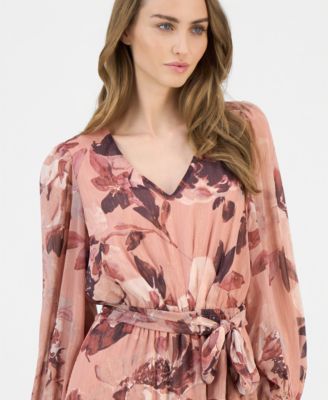 Women's Floral V-Neck Belted Midi Dress