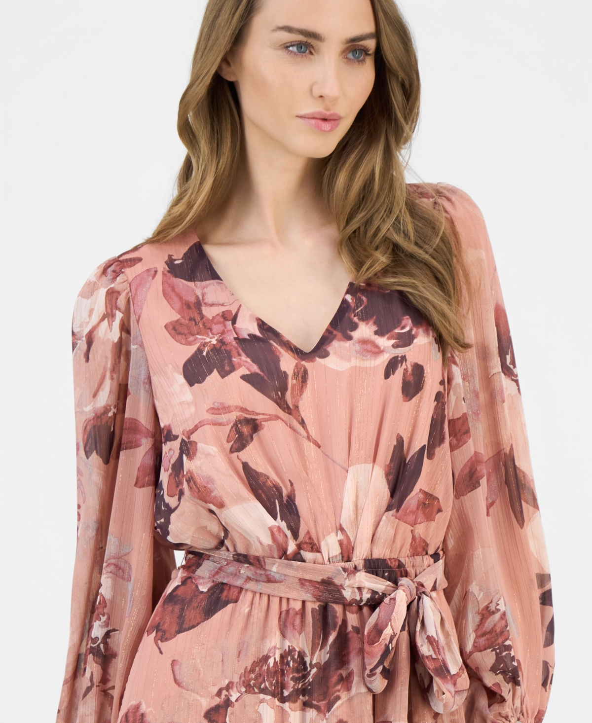 Anne Klein Women's Floral V-Neck Belted Midi Dress