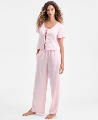 Women's Crepe de Chine 2-Piece Short-Sleeve Top and Pants Pajama Set