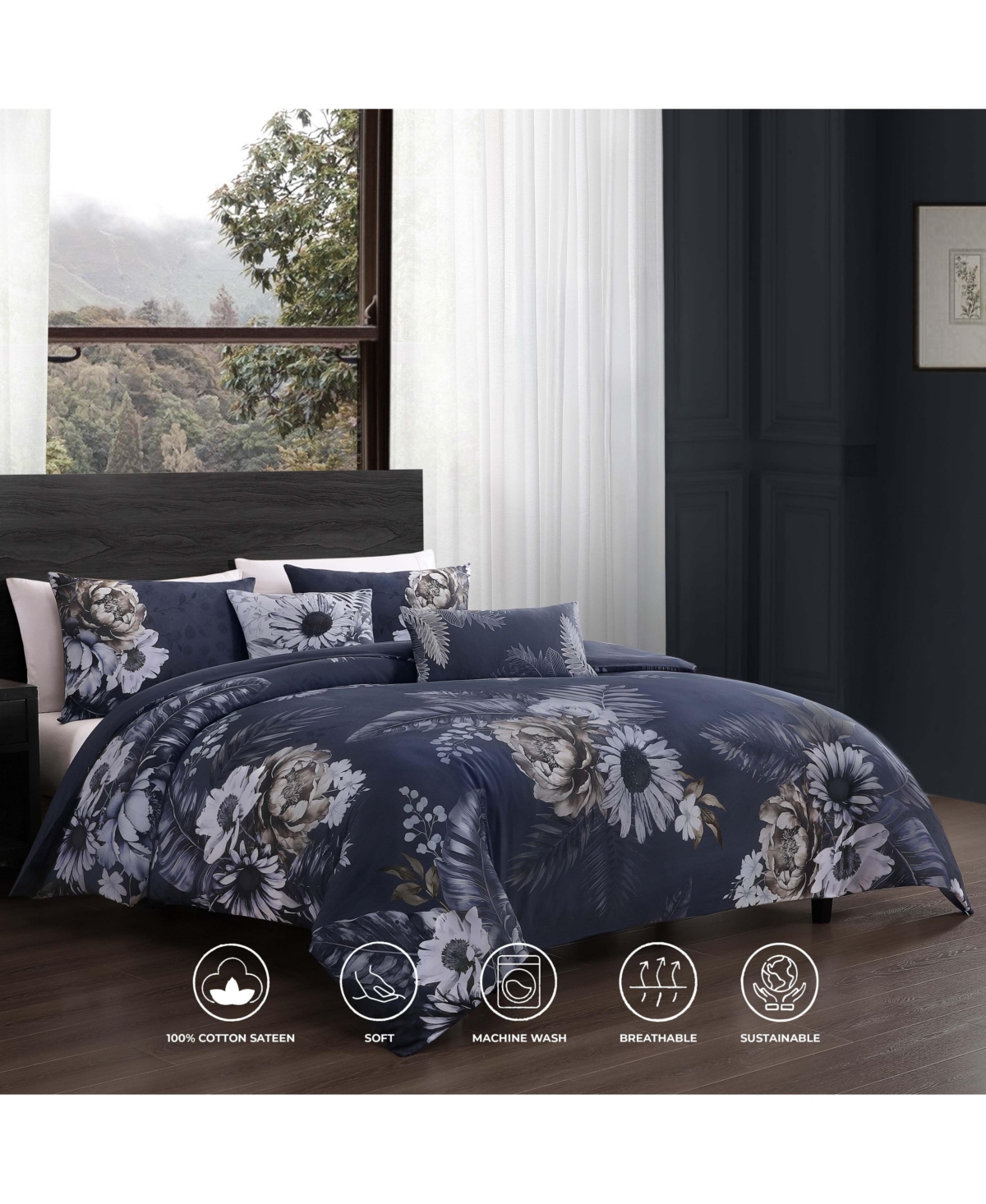 Bebejan Forget Me Not Bedding 100% Cotton Sateen 5 Piece Reversible King Comforter Set