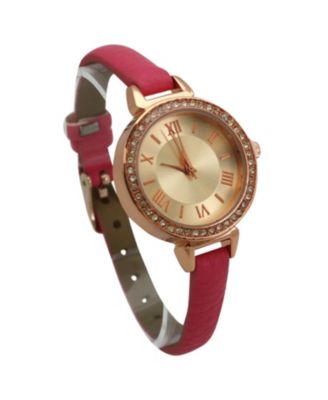 Pink Rhinestone Skinny Leather Strap Watch