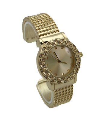Gold Thick Bangle Watch With Rhinestone Details