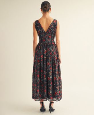 Women’s V-Neck Detailed Floral Printed Maxi Dress