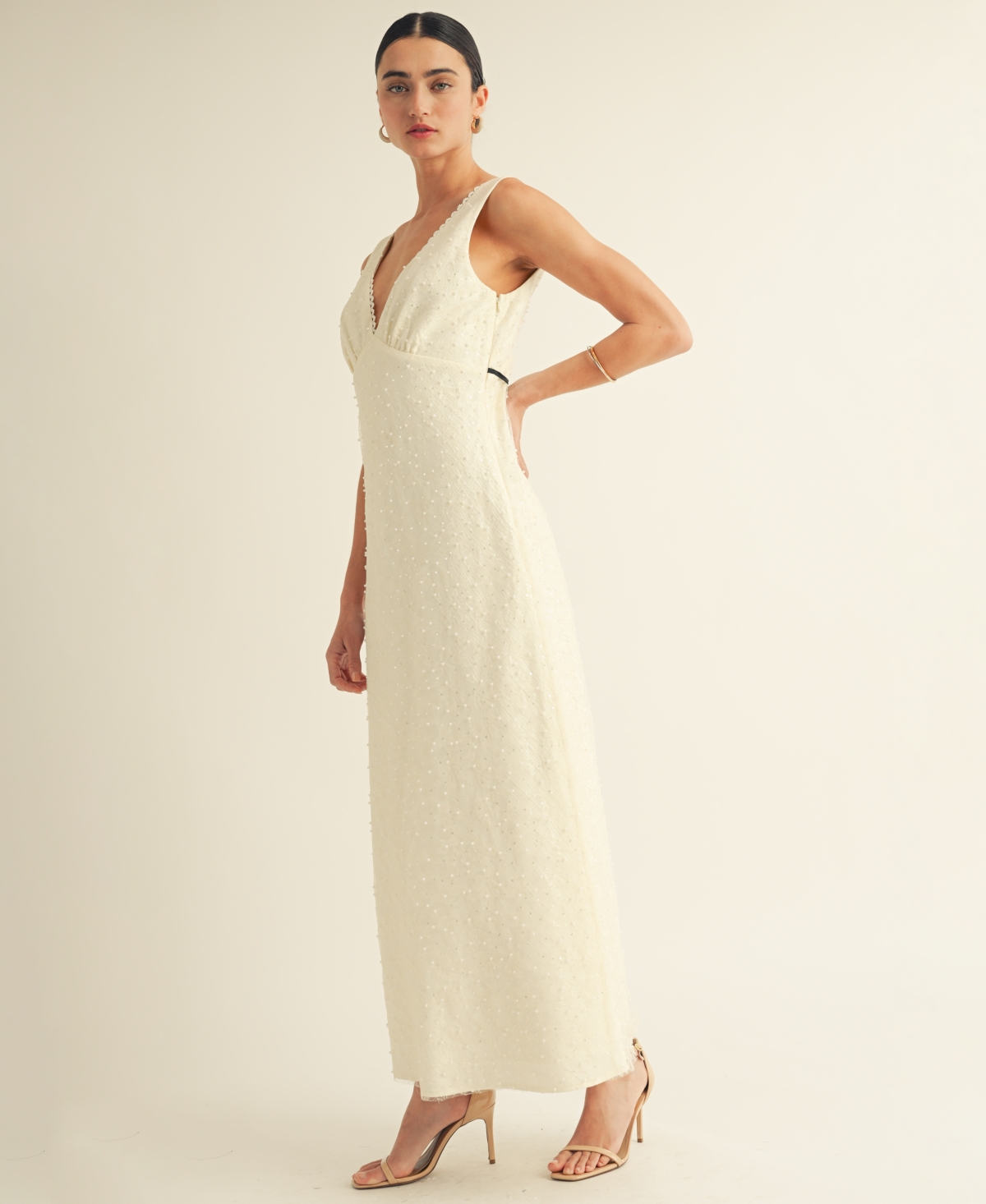 Arose Studio, Inc Women's V-neck Scalloped Lace Tie-back Slip Midi Dress In White