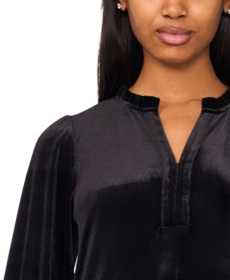 Women's Split-Neck Blouson-Sleeve Tiered Velvet Shift Dress