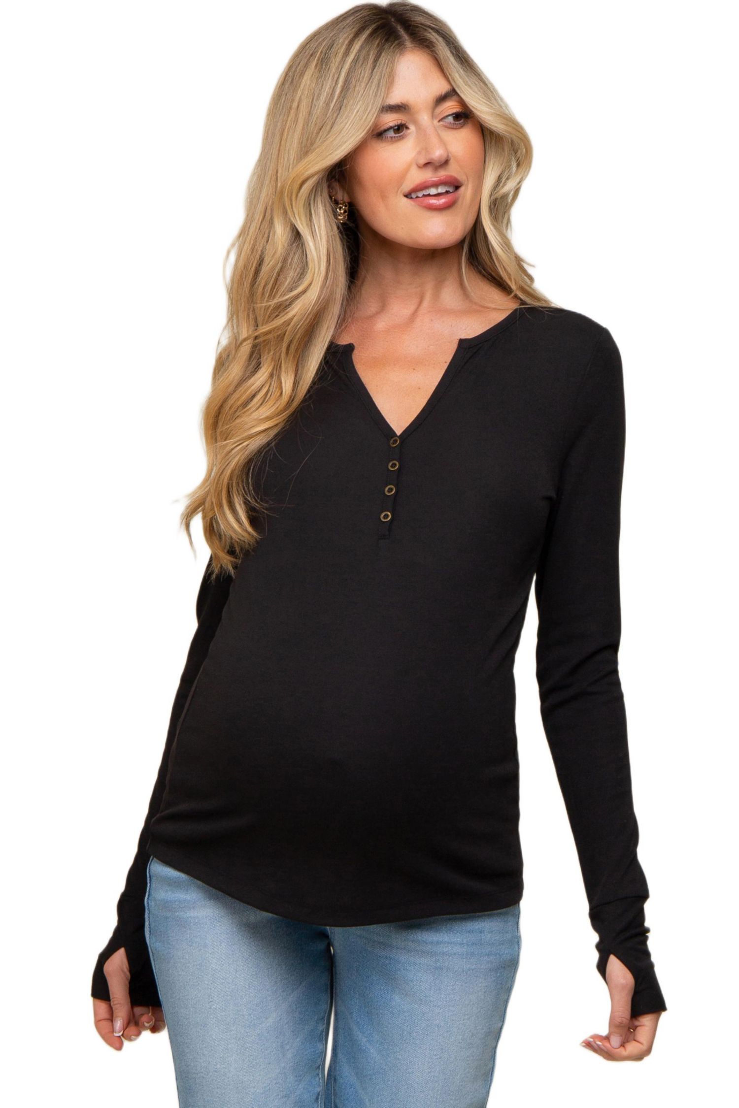 Women's Black Button Front Long Sleeve Top
