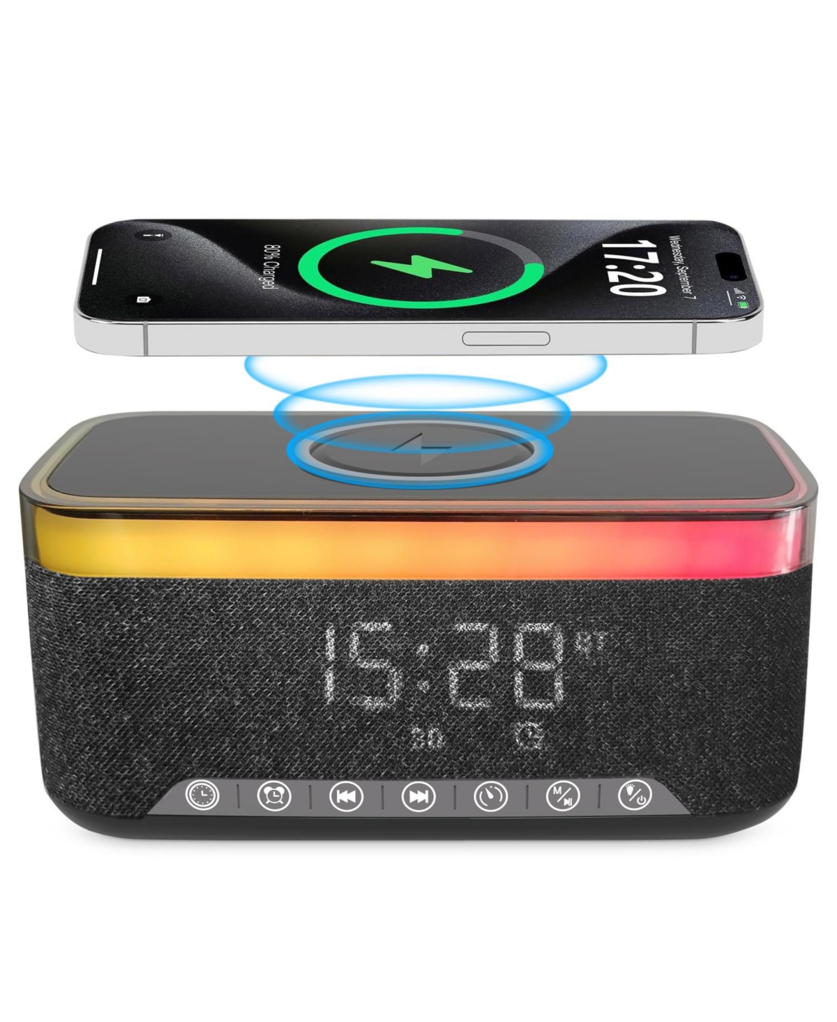 Alpha Digital 10W Bluetooth Stereo Speaker-Alarm Clock, Wireless Charging, Rgb light