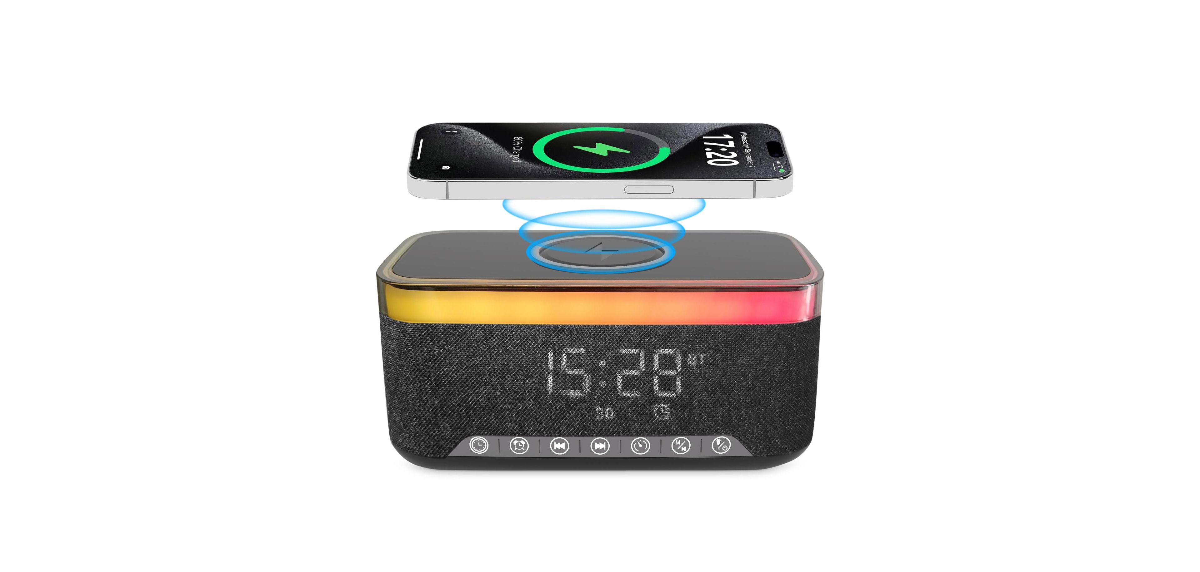Alpha Digital 10W Bluetooth Stereo Speaker-Alarm Clock, Wireless Charging, Rgb light