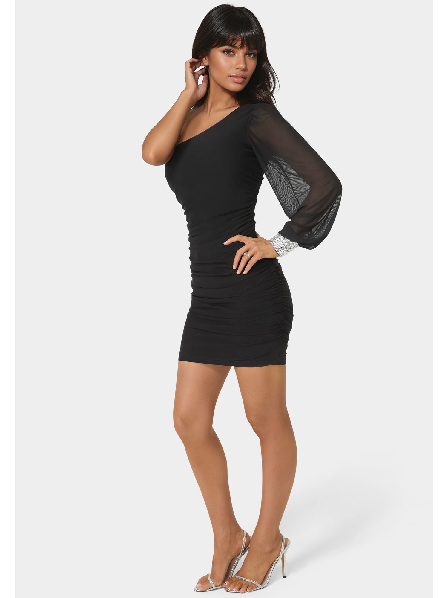 Womens One Shoulder Pearl Cuff Mini Dress