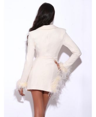 Women Madeline Pearl White Feather Trim Blazer Dress