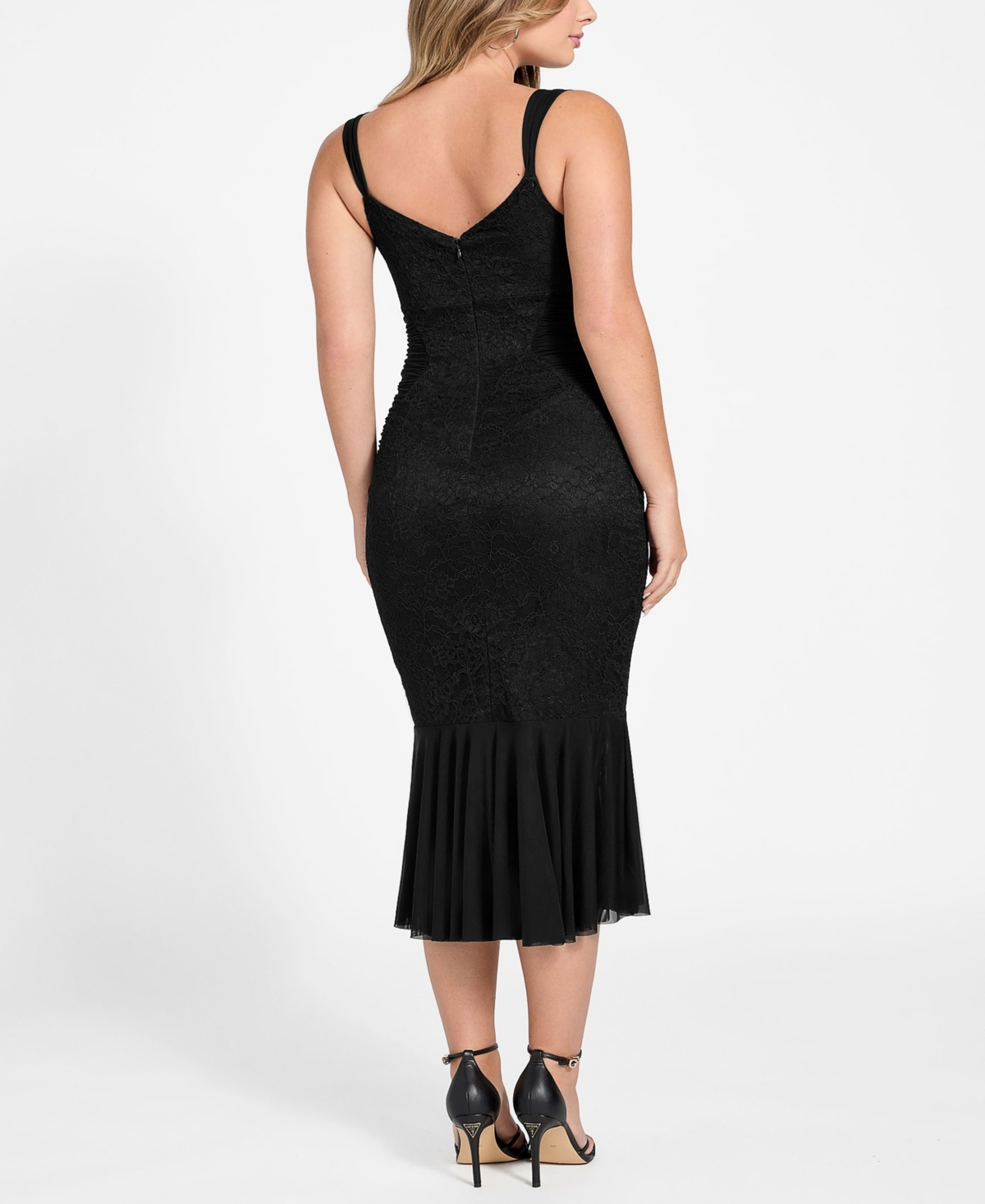 Guess Caitlyn Lace Panel Mermaid Midi Dress In Black