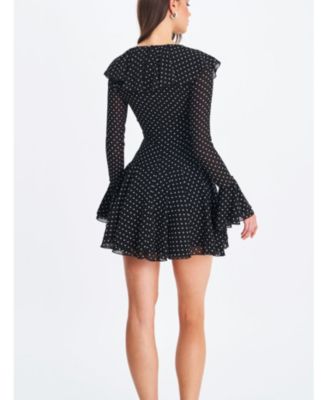 Women Omari Black Chiffon Polka Dot Ruffled Neckline Mini Dress