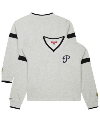 Mitchell & Ness - Women's Heather Gray Philadelphia Phillies Cooperstown Collection V-Neck Cropped Toggle Sweatshirt