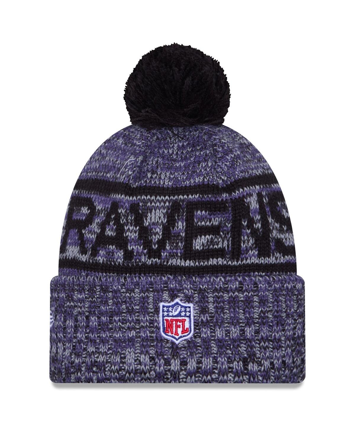 New Era Men's Purple Baltimore Ravens 2025 Sideline Cold Weather Cuffed Pom With Knit Hat In Gray