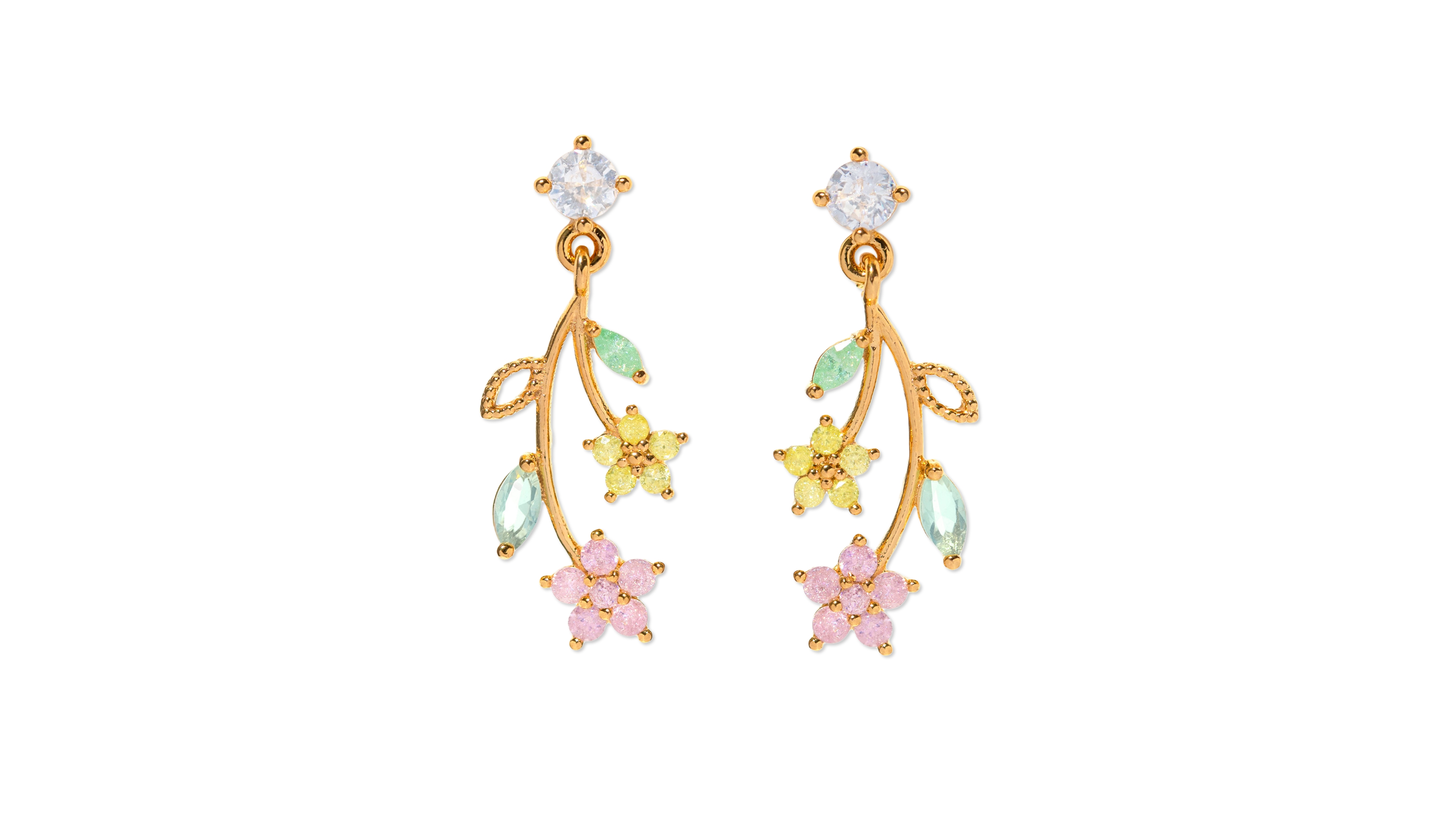 Girls Crew Crystal Gold Plated Flower Stem Dangle Earrings