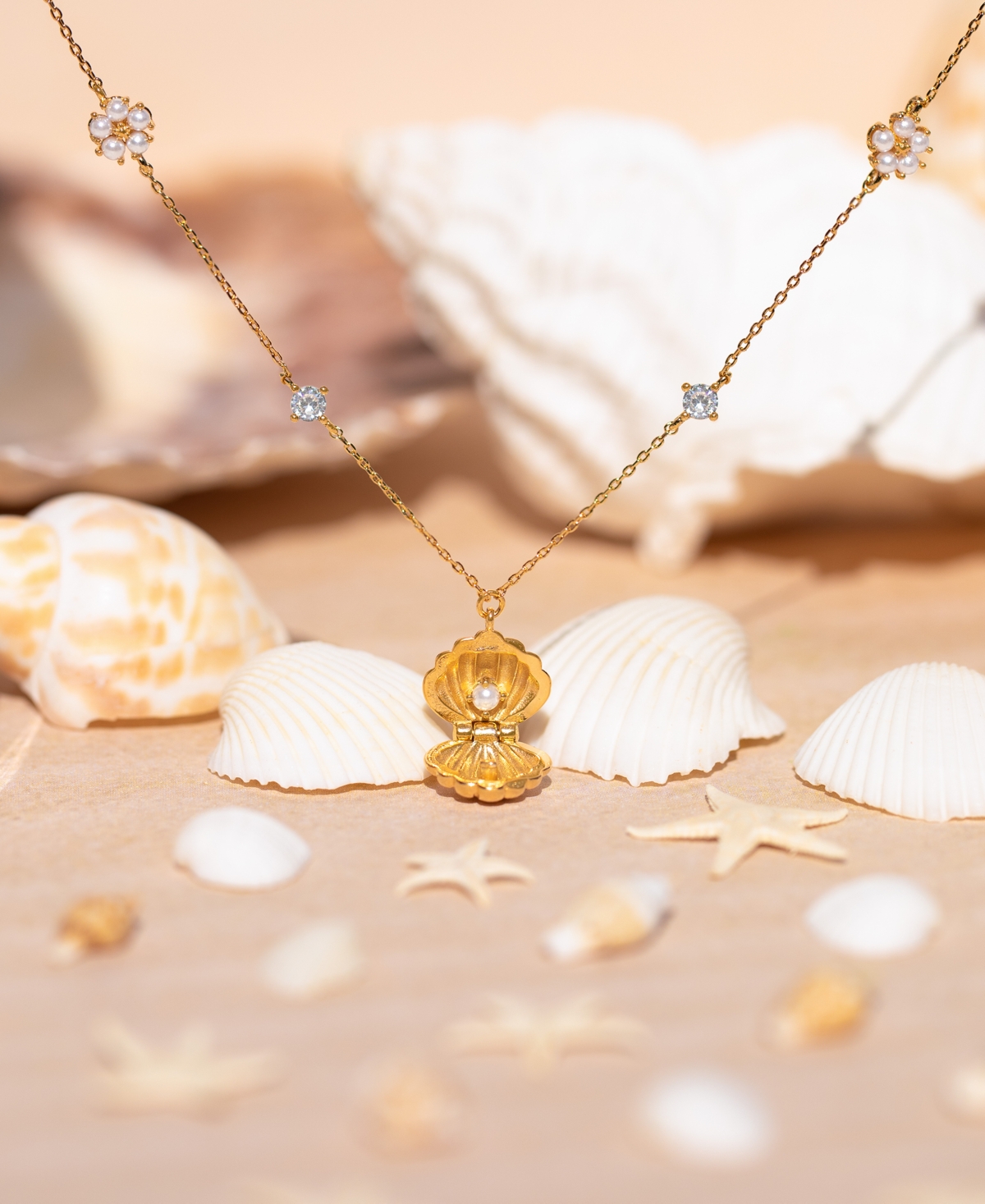 Girls Crew Crystal Hidden Faux Cultivated Pearl Shell Necklace