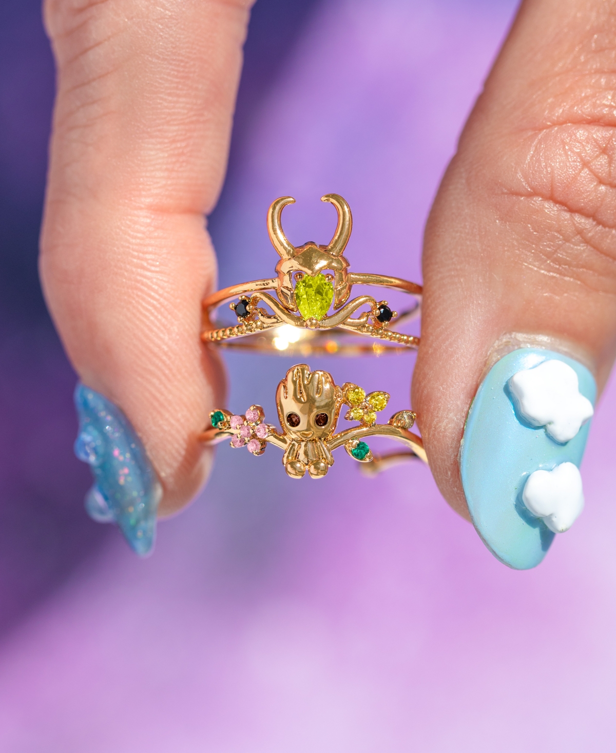 Girls Crew Crystal Gold Plated Marvel Studios Loki God of Stories Ring Set