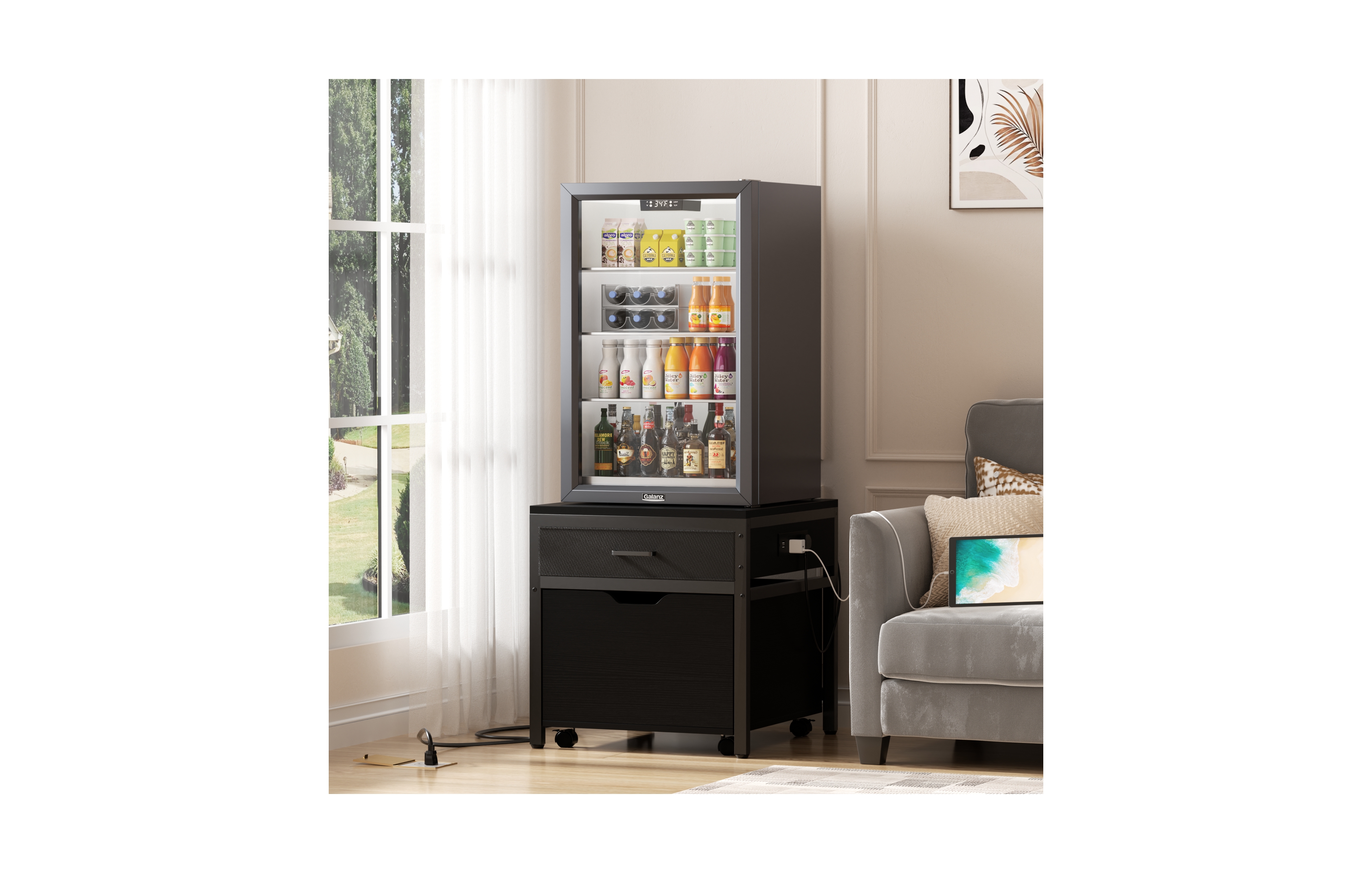 Aheaplus End Table with Charge Station, Mini Fridge Strand Storage Drawers and Rolling Cabinet