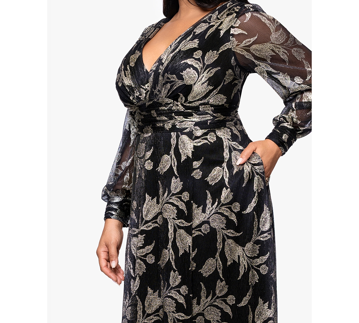 Betsy & Adam Plus Long Crinkle Sleeve A-Line Dress