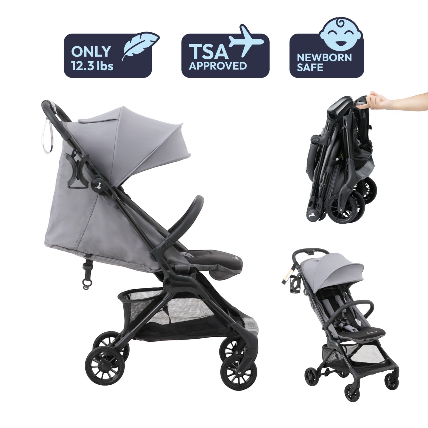 HopLite Ultralight Compact Lightweight Baby Stroller For Airplane - Travel Stroller for Newborn from Birth to 55 lbs, Jet Black