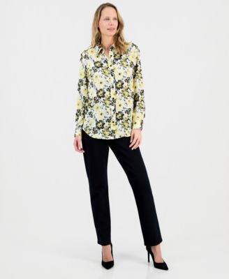 Women's Floral-Print Satin Button-Front Top, Regular & Petite