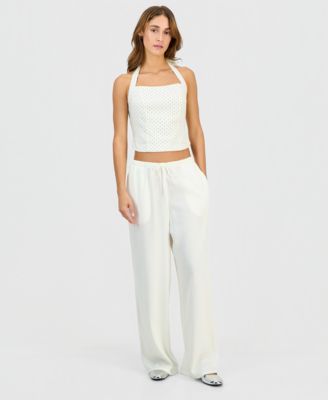 Juniors' Linen-Blend Wide-Leg Tie-Front Drawstring Pants