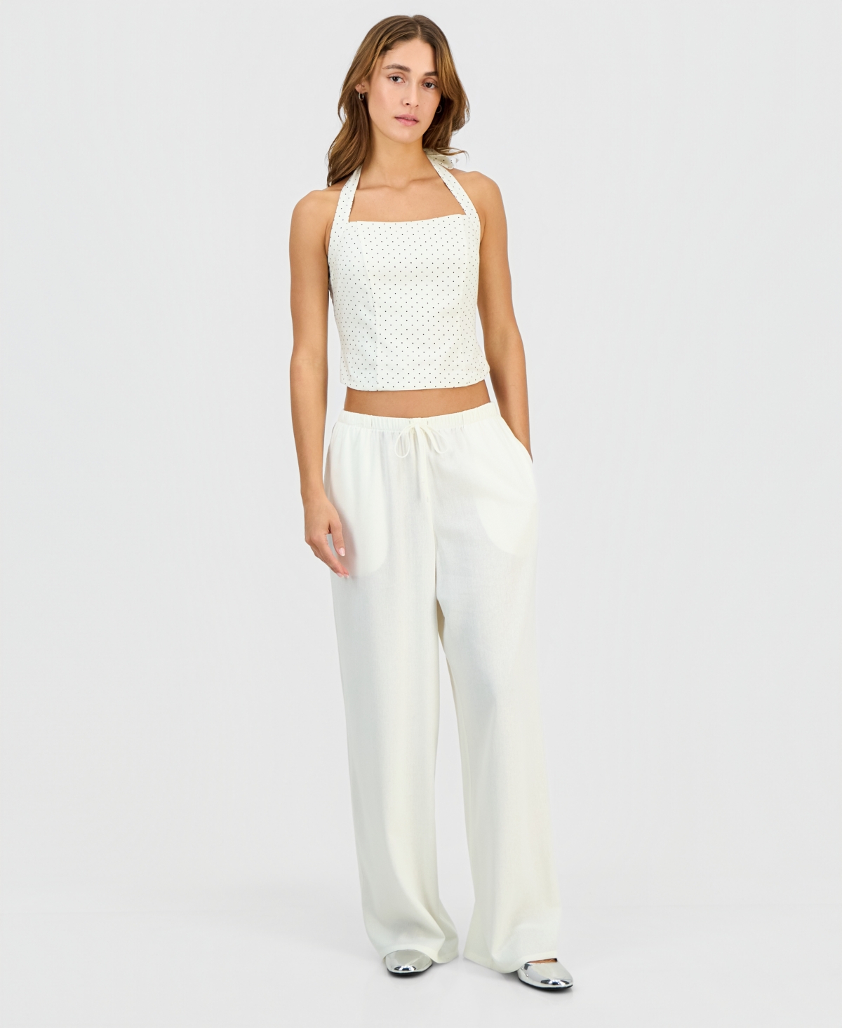 Hippie Rose Juniors' Linen-blend Wide-leg Tie-front Drawstring Pants In White
