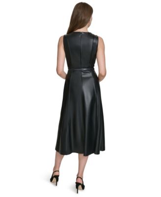 Women's Faux-Leather Belted Sleeveless Midi Dress