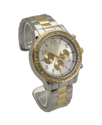 Two Tone Rhinestone Bezel Chronograph Bangle Watch