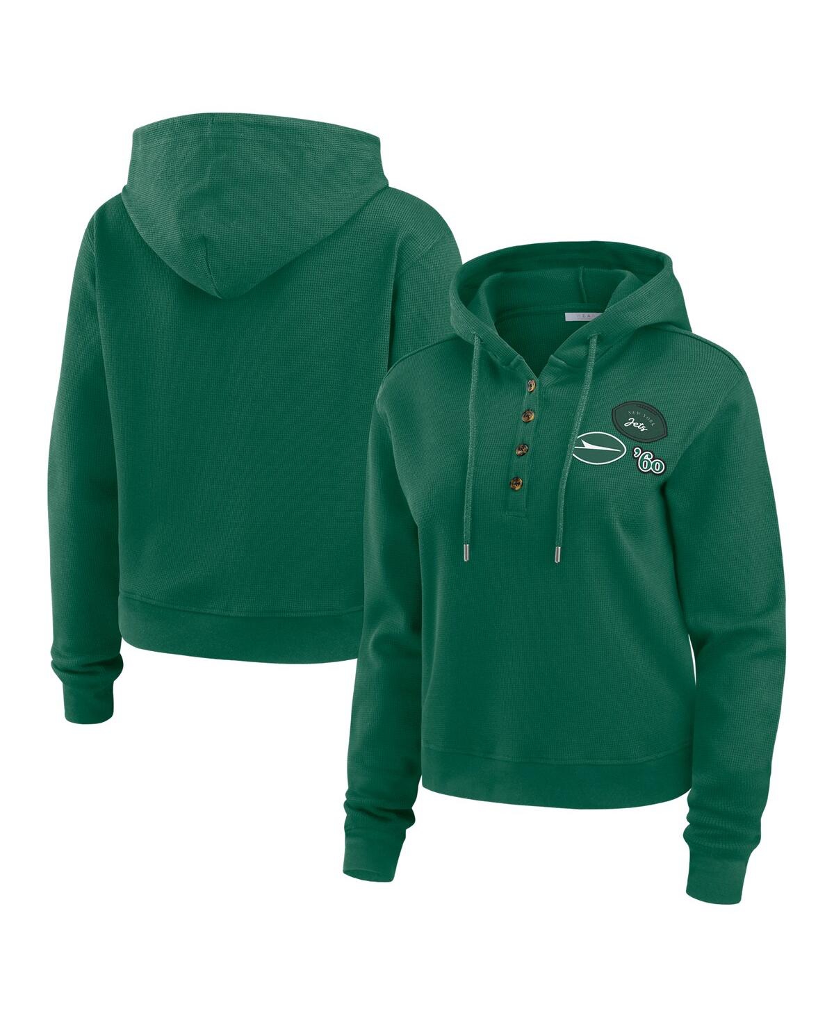 Wear By Erin Andrews Women's Green New York Jets Waffle Hoodie Pullover Top In Animal Print