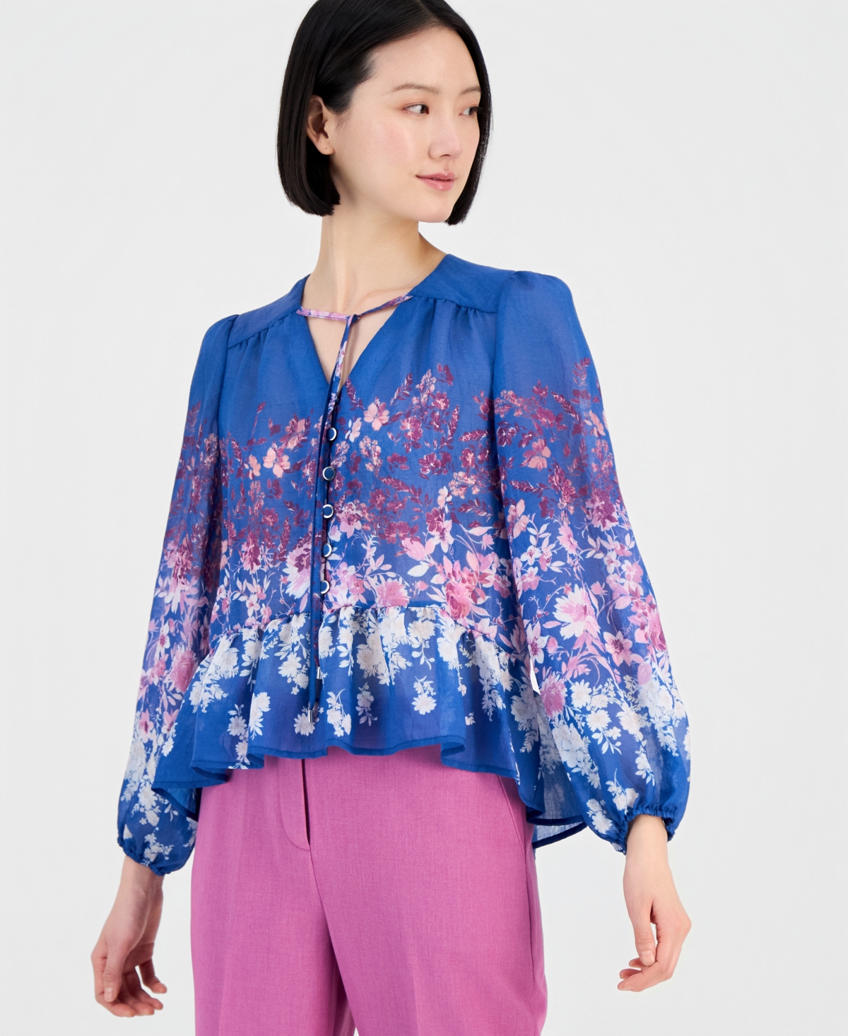 Tahari Asl Women's Floral Blouson-Sleeve Peplum Top