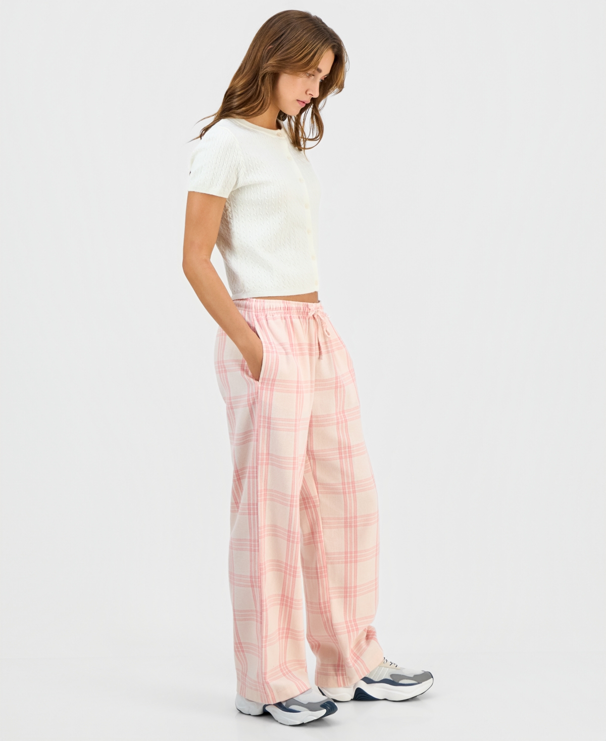Self Esteem Juniors' Plaid-print Tie-waist Wide-leg Pants In Pink