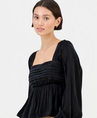 Juniors' Long-Sleeve Pintuck Bust Woven Top