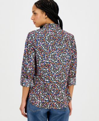 Women's Floral-Print Roll-Tab-Sleeve Cotton Shirt