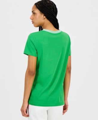 Women's Solid Stripe-Trim V-Neck