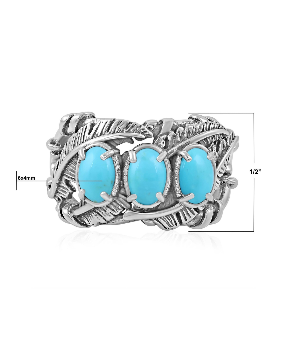 American West Jewelry Sterling Silver Kingman Turquoise Three Stone Feather Ring