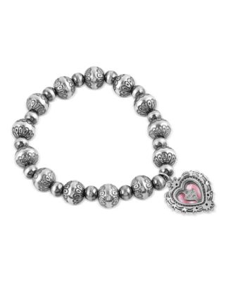 Sterling Silver Rhodochrosite Heart Charm Bead Bracelet, Size Small to Medium