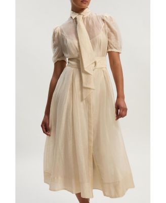 Women's Organdie Tie Neck Woven Midi Dress