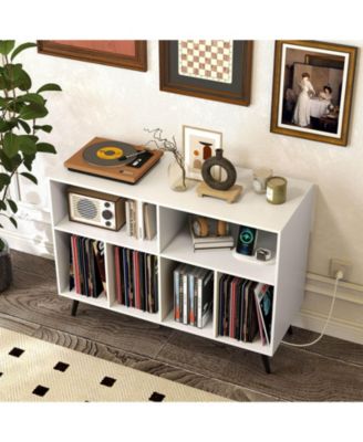 Large MDF Record Player Stand Cabinet with Built-In Power Outlet and Open Shelves