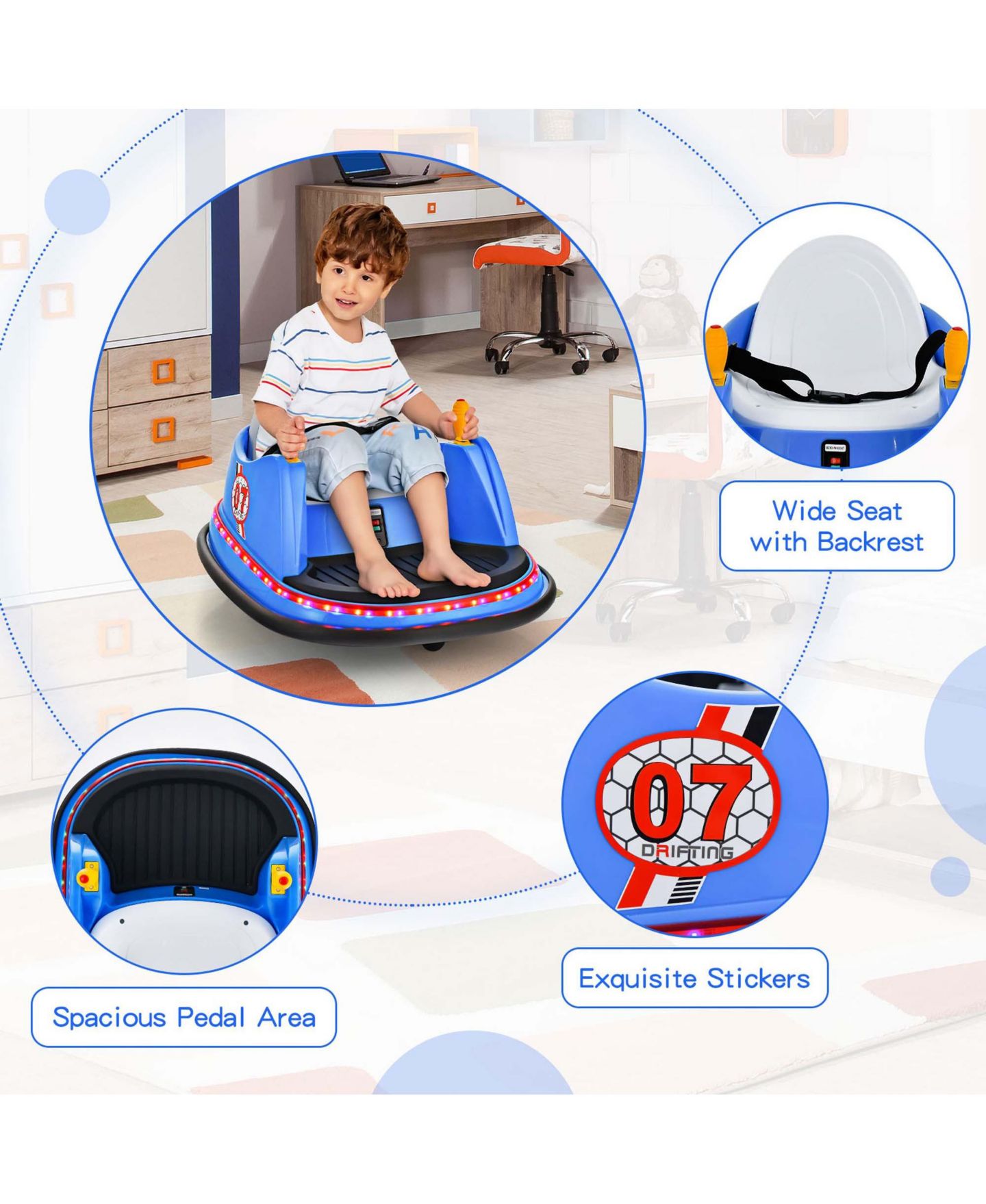 Детская игрушка Costway 12V 360° Spin Remote Control Ride-On Bumper Car, 44 lb. Capacity, Ages 2-5, цвет: Синий — фото 8