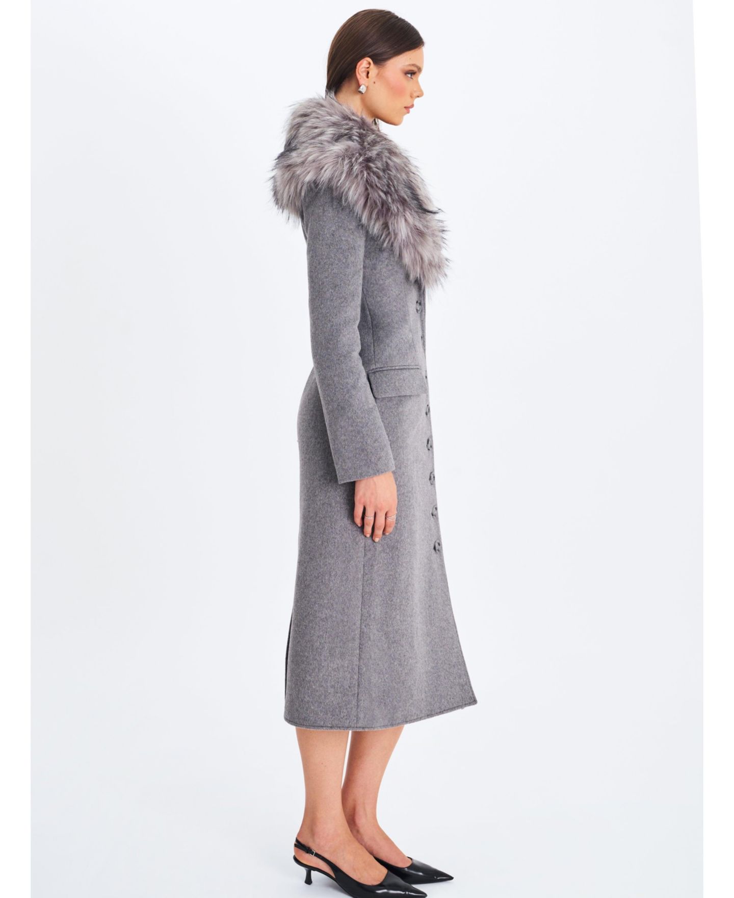 Женское пальто Miss Circle Faye Grey Wool Blend Single-Breasted Coat with Removable Faux Fur Collar, цвет: Серый — фото 4
