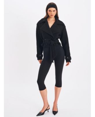 Women's Dara Black Wool Blend Cropped Double-Breasted Belted Coat