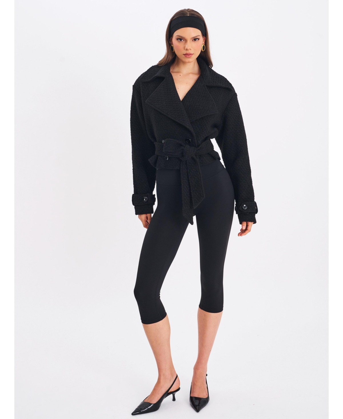 Miss Circle Women's Dara Black Wool Blend Cropped Double-Breasted Belted Coat