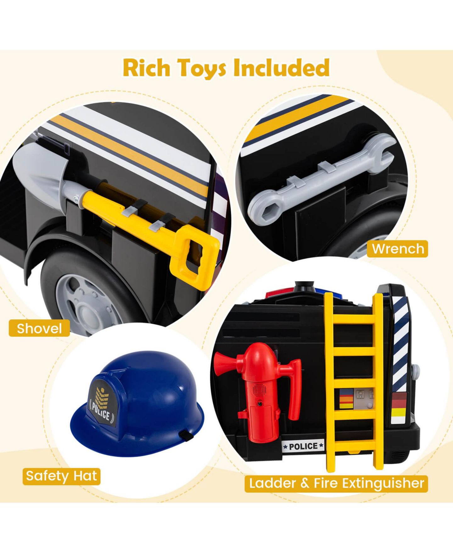 Детская игрушка Costway 12V Kids Fire Truck Ride-On with Shovel & Wrench, 3–7 лет, цвет: Чёрный — фото 10